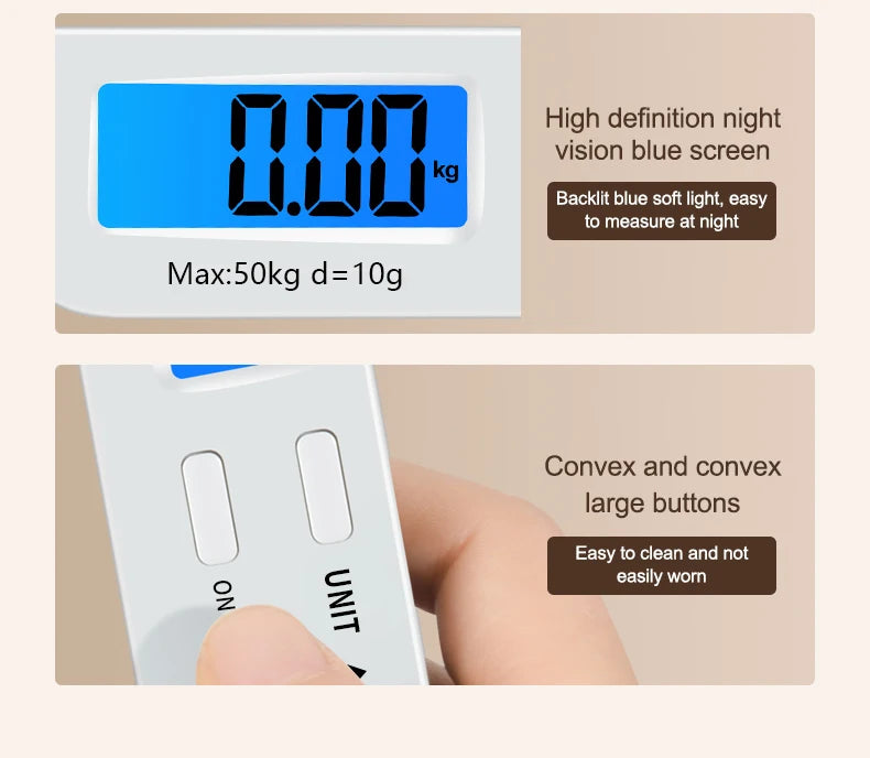 50kg/110lbs Portable Luggage Scale High Precision Blue Backlight Travel Digital Hanging Scales LCD Display Electronic Fishing