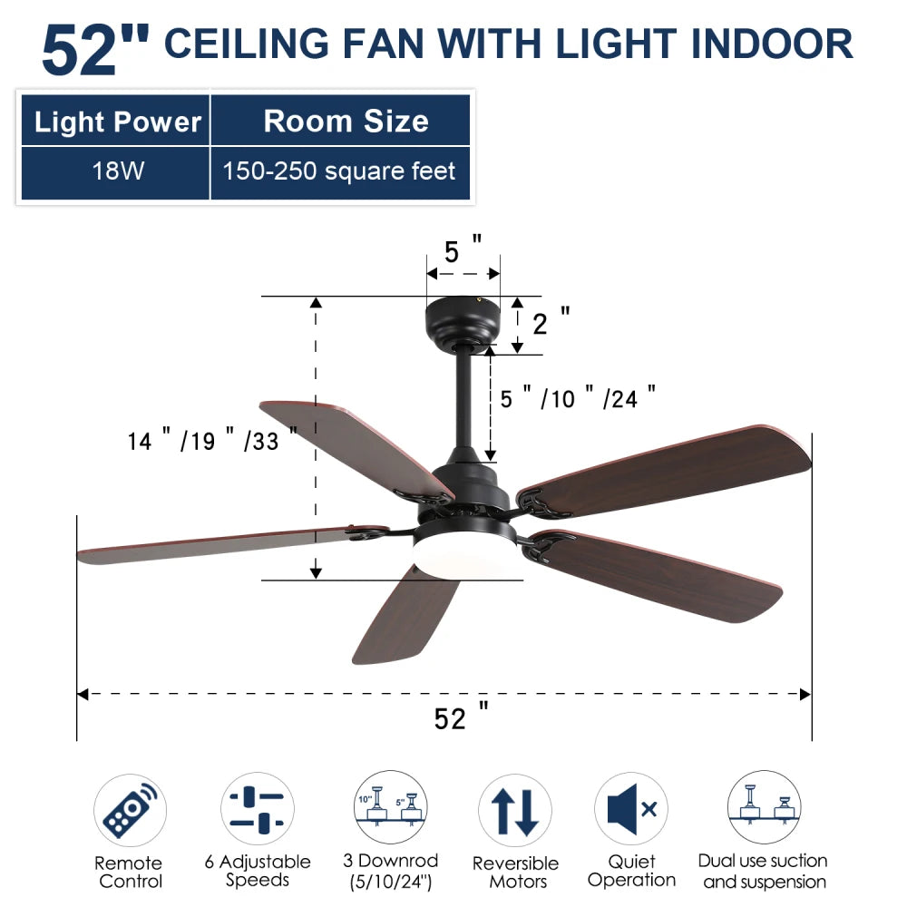 Indoor Modern 52 Inch Ceiling Fan with Dimmable 6 Speed Wind 5 Blades Remote Control Reversible DC Motor with Led Light
