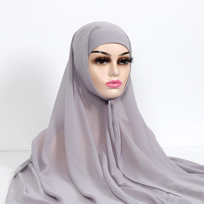Instant Hijabs With Cap Plain Chiffon Jersey Hijabs For Woman Veil Muslim Islamic Hijab Cap Scarf For Women's Hijabs Headscarf