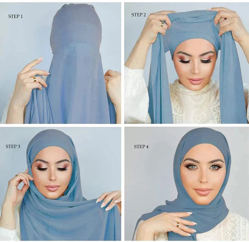 Instant Hijabs With Cap Plain Chiffon Jersey Hijabs For Woman Veil Muslim Islamic Hijab Cap Scarf For Women's Hijabs Headscarf