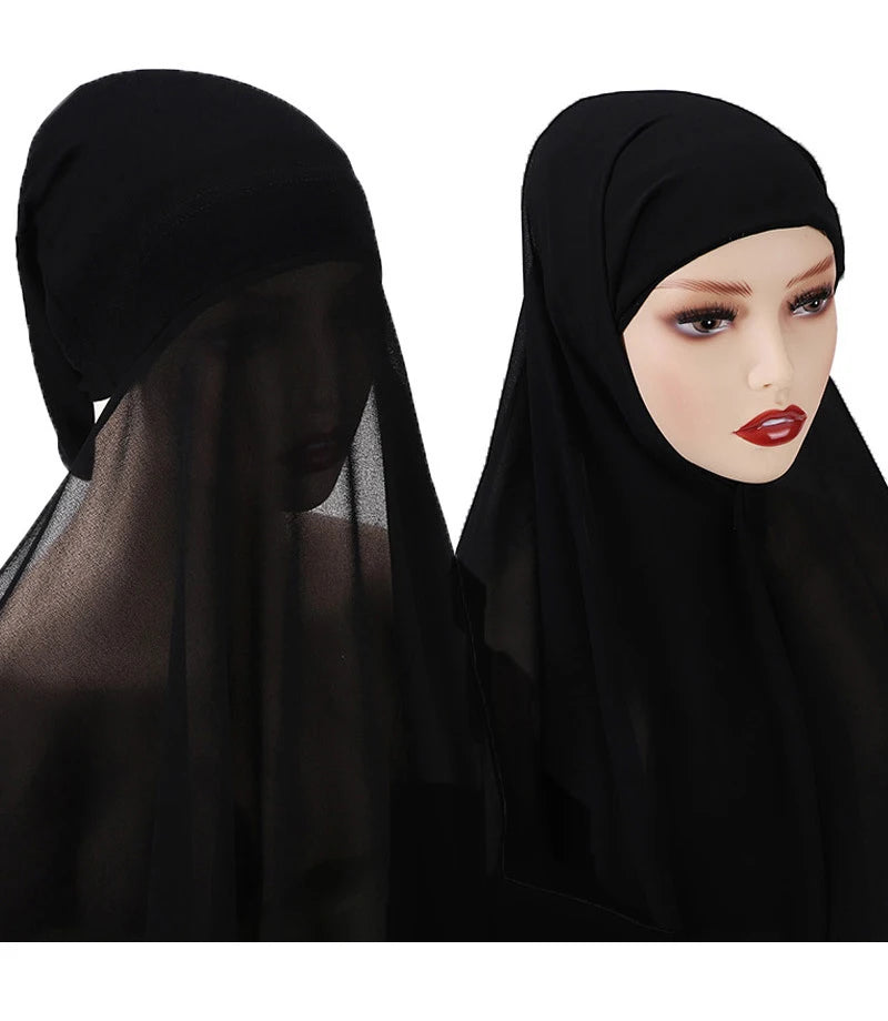 Instant Hijabs With Cap Plain Chiffon Jersey Hijabs For Woman Veil Muslim Islamic Hijab Cap Scarf For Women's Hijabs Headscarf