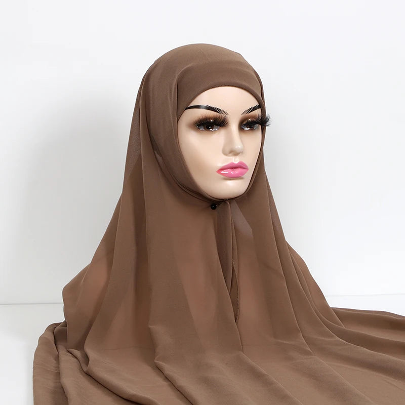 Instant Hijabs With Cap Plain Chiffon Jersey Hijabs For Woman Veil Muslim Islamic Hijab Cap Scarf For Women's Hijabs Headscarf