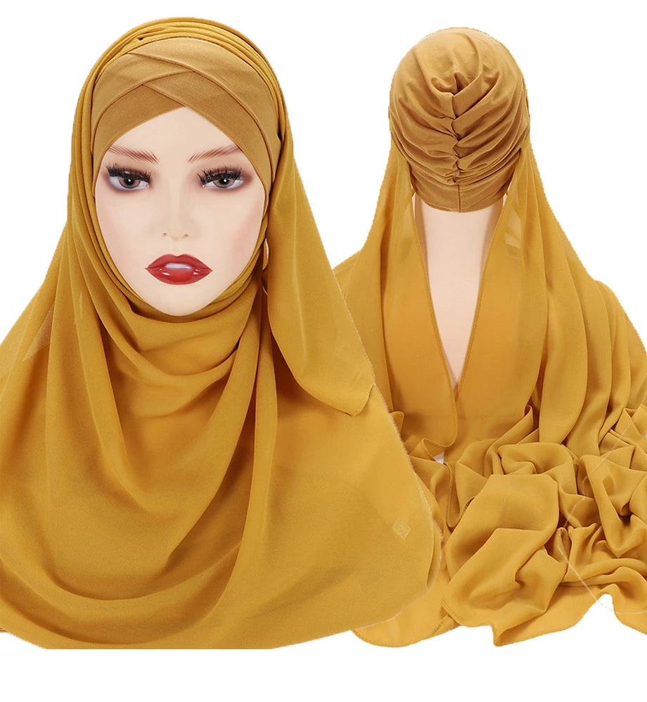 Instant Hijabs Chiffon Hijab Scarf With Cross Jersey Caps Bonnet Brand Design Muslim Scarf Women Islamic Underscarf