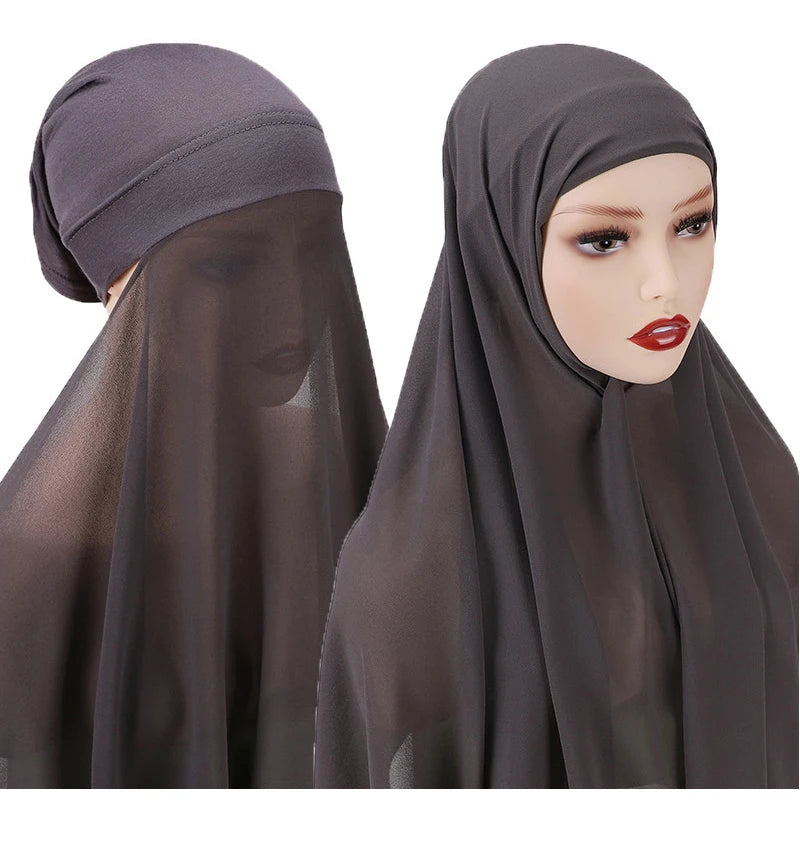 Instant Hijabs With Cap Plain Chiffon Jersey Hijabs For Woman Veil Muslim Islamic Hijab Cap Scarf For Women's Hijabs Headscarf