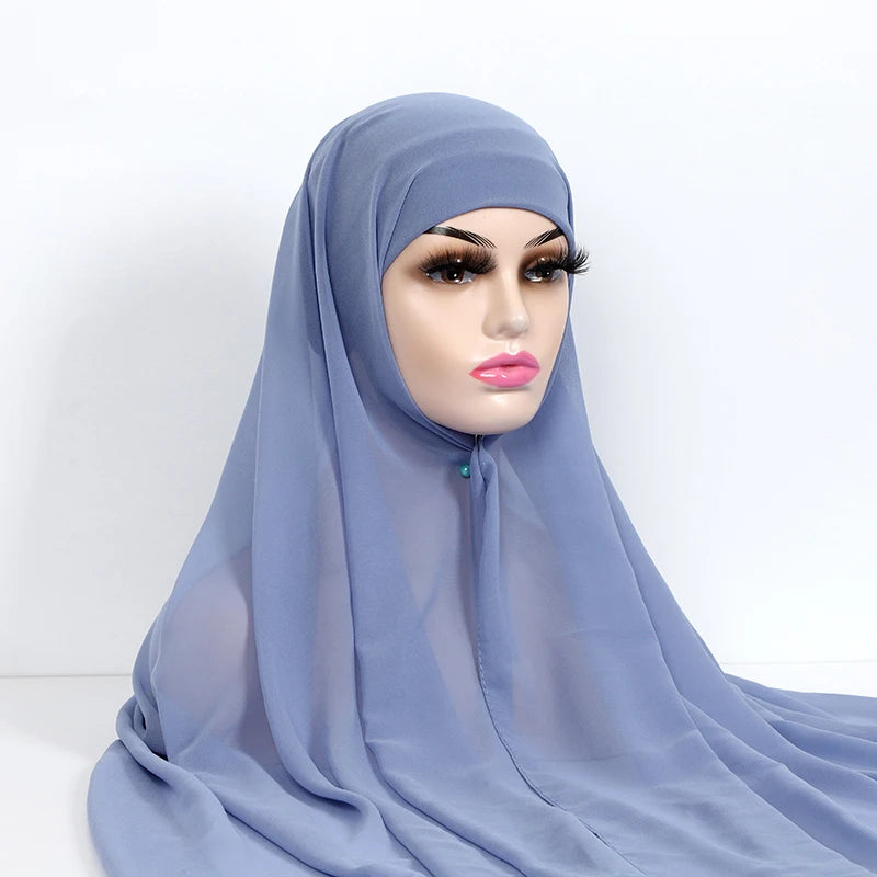 Instant Hijabs With Cap Plain Chiffon Jersey Hijabs For Woman Veil Muslim Islamic Hijab Cap Scarf For Women's Hijabs Headscarf