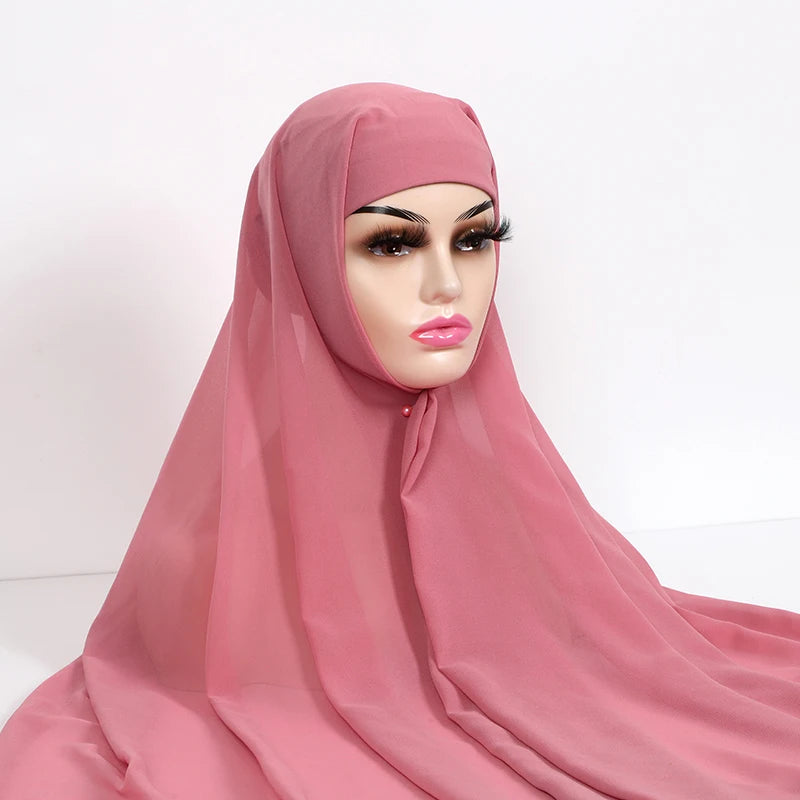 Instant Hijabs With Cap Plain Chiffon Jersey Hijabs For Woman Veil Muslim Islamic Hijab Cap Scarf For Women's Hijabs Headscarf