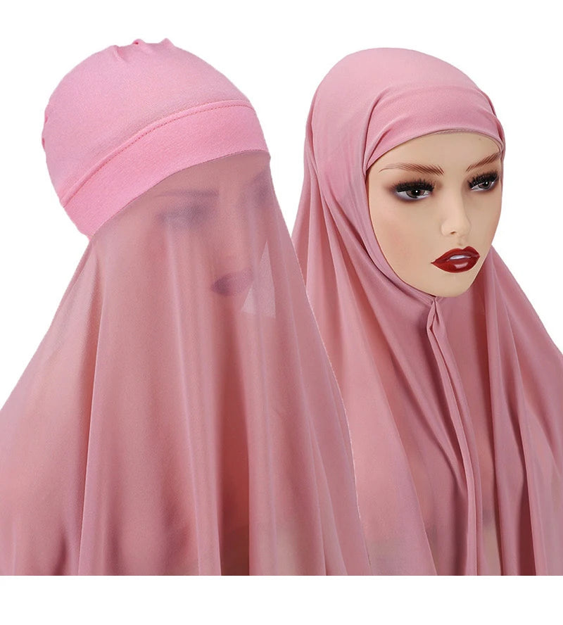 Instant Hijabs With Cap Plain Chiffon Jersey Hijabs For Woman Veil Muslim Islamic Hijab Cap Scarf For Women's Hijabs Headscarf