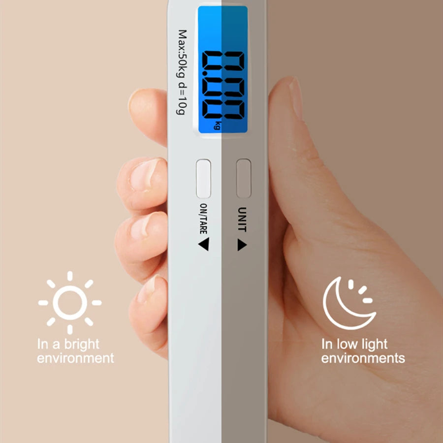 50kg/110lbs Portable Luggage Scale High Precision Blue Backlight Travel Digital Hanging Scales LCD Display Electronic Fishing