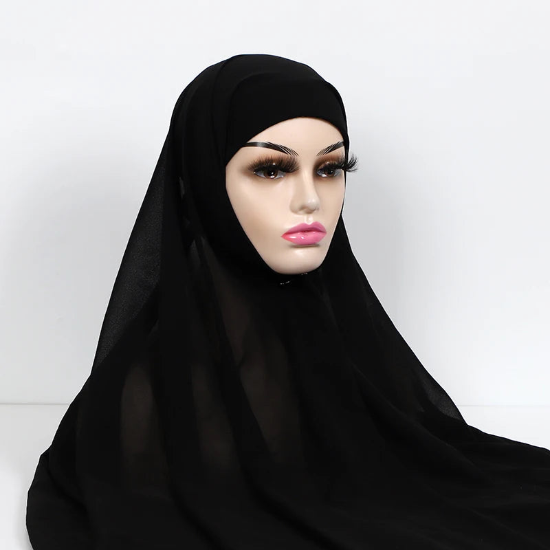Instant Hijabs With Cap Plain Chiffon Jersey Hijabs For Woman Veil Muslim Islamic Hijab Cap Scarf For Women's Hijabs Headscarf