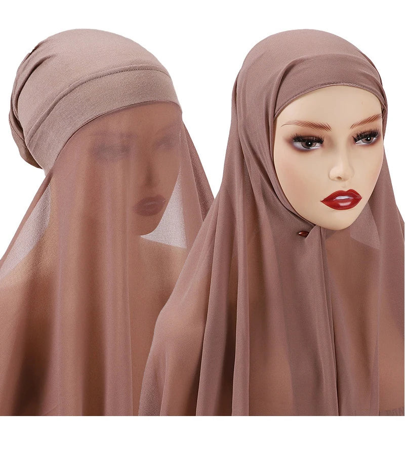 Instant Hijabs With Cap Plain Chiffon Jersey Hijabs For Woman Veil Muslim Islamic Hijab Cap Scarf For Women's Hijabs Headscarf