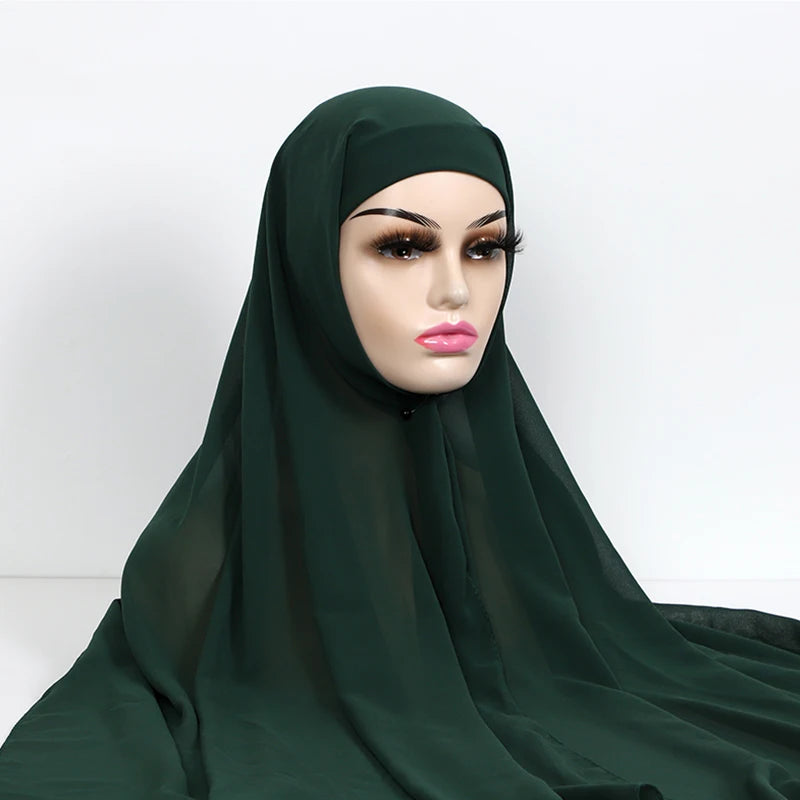 Instant Hijabs With Cap Plain Chiffon Jersey Hijabs For Woman Veil Muslim Islamic Hijab Cap Scarf For Women's Hijabs Headscarf