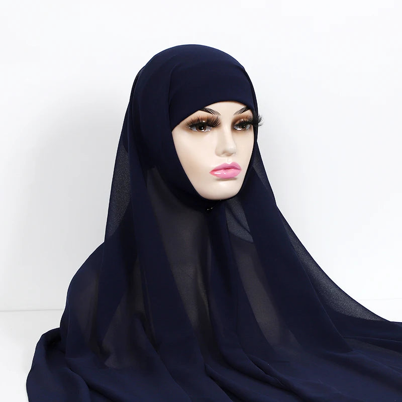Instant Hijabs With Cap Plain Chiffon Jersey Hijabs For Woman Veil Muslim Islamic Hijab Cap Scarf For Women's Hijabs Headscarf