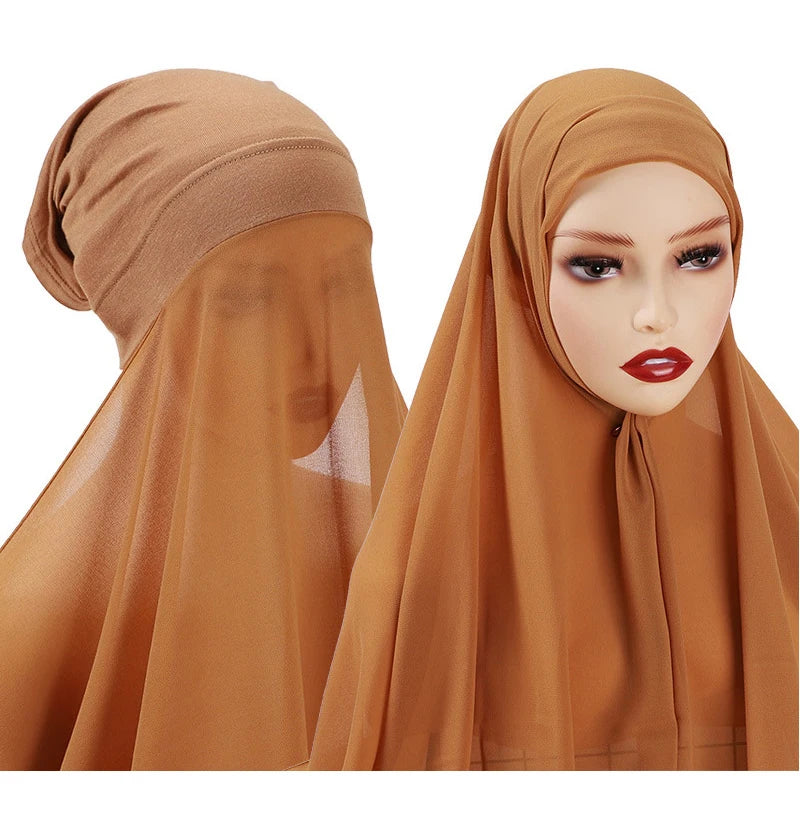 Instant Hijabs With Cap Plain Chiffon Jersey Hijabs For Woman Veil Muslim Islamic Hijab Cap Scarf For Women's Hijabs Headscarf