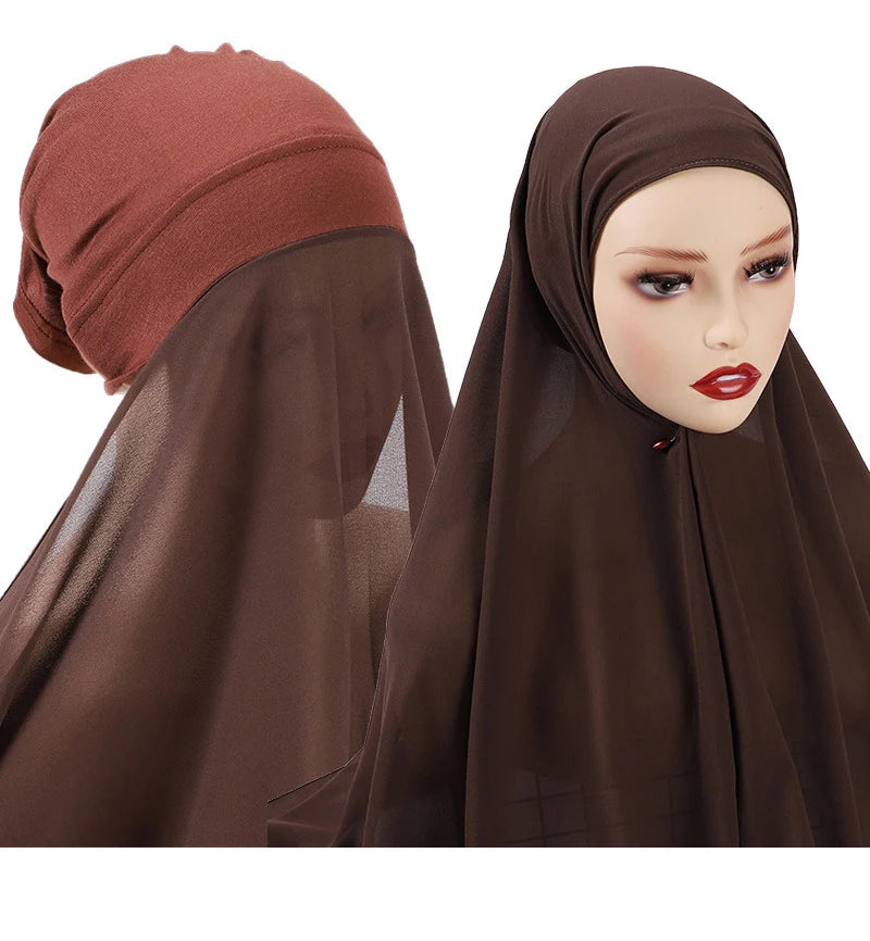 Instant Hijabs With Cap Plain Chiffon Jersey Hijabs For Woman Veil Muslim Islamic Hijab Cap Scarf For Women's Hijabs Headscarf
