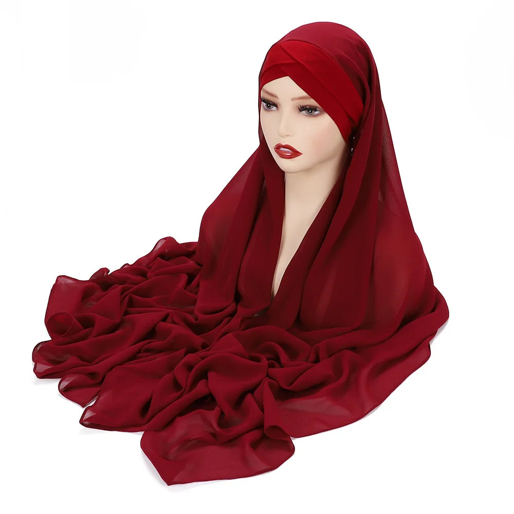 Instant Hijabs Chiffon Hijab Scarf With Cross Jersey Caps Bonnet Brand Design Muslim Scarf Women Islamic Underscarf