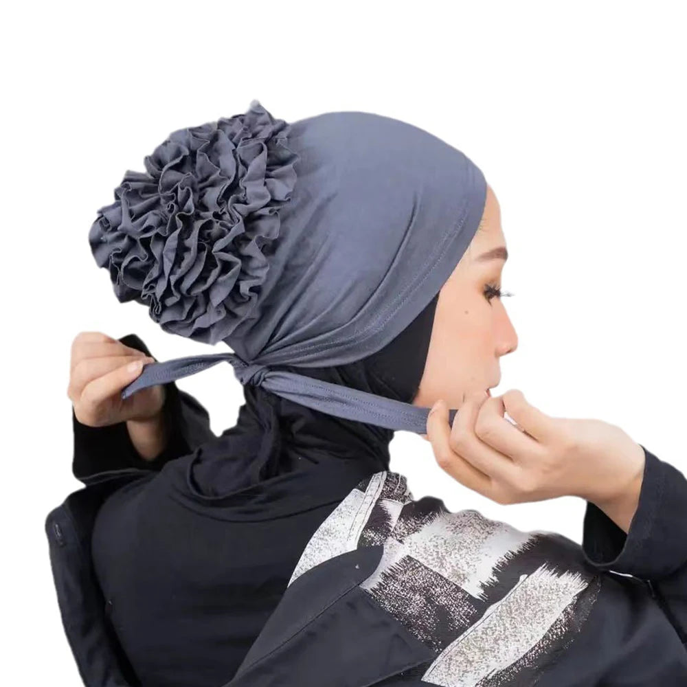 New Women Pre-Tied Hijabs For Women Turban Hat Inner HIjab Caps Solid Color Back Flower abaya Islam Udnerscarf Women's hijabs