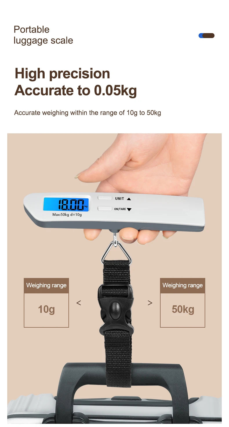 50kg/110lbs Portable Luggage Scale High Precision Blue Backlight Travel Digital Hanging Scales LCD Display Electronic Fishing