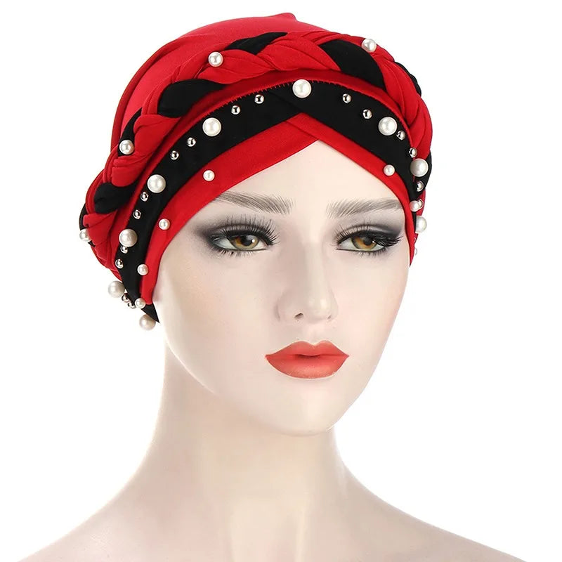 Indian Muslim Women Two Color Hijab Milk Silk Chemical Hat Braided Bead Hijab Islamic Hijab Ladies Bicolor pearl Baotou Cap