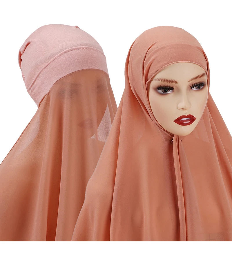 Instant Hijabs With Cap Plain Chiffon Jersey Hijabs For Woman Veil Muslim Islamic Hijab Cap Scarf For Women's Hijabs Headscarf