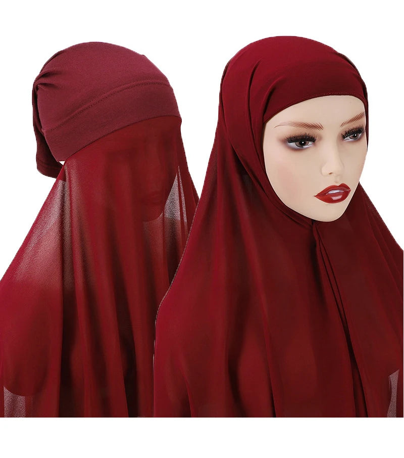 Instant Hijabs With Cap Plain Chiffon Jersey Hijabs For Woman Veil Muslim Islamic Hijab Cap Scarf For Women's Hijabs Headscarf