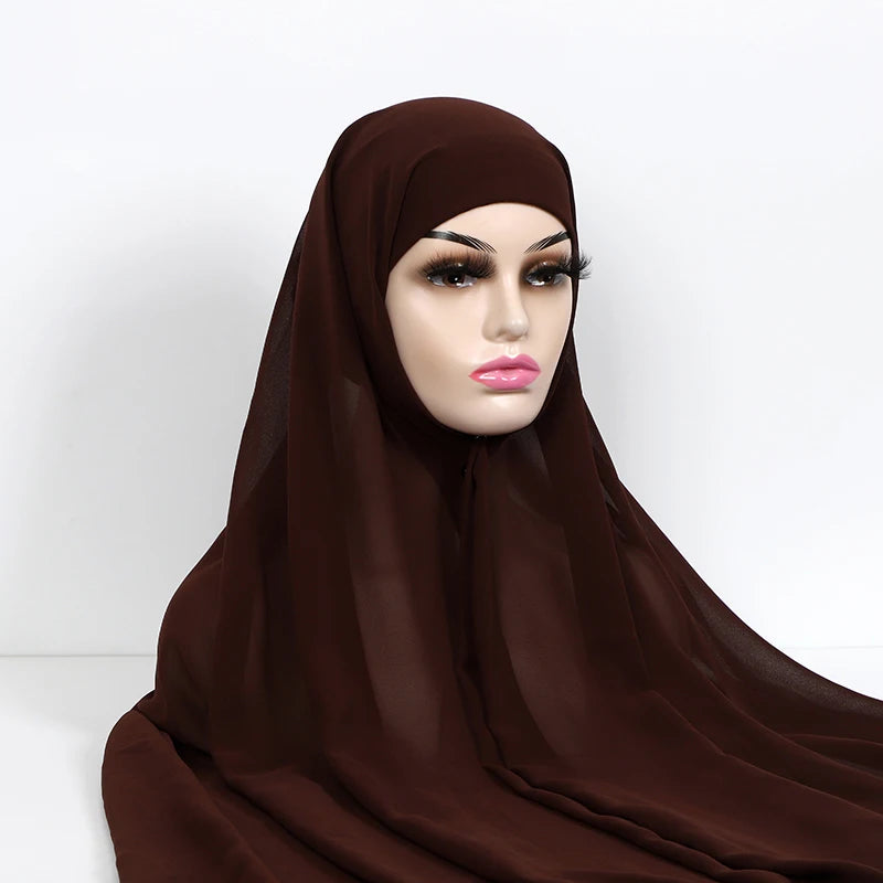 Instant Hijabs With Cap Plain Chiffon Jersey Hijabs For Woman Veil Muslim Islamic Hijab Cap Scarf For Women's Hijabs Headscarf