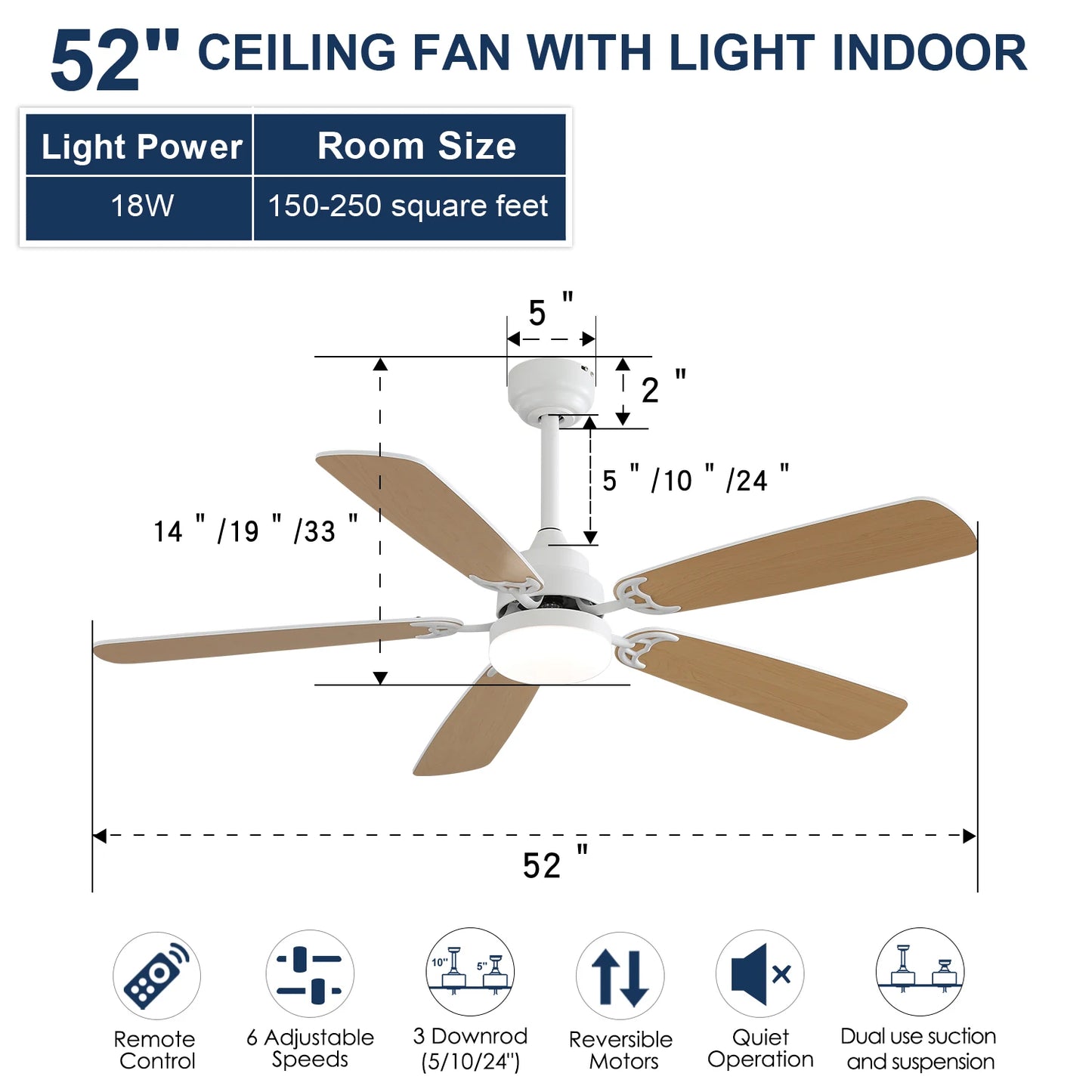 Indoor Modern 52 Inch Ceiling Fan with Dimmable 6 Speed Wind 5 Blades Remote Control Reversible DC Motor with Led Light