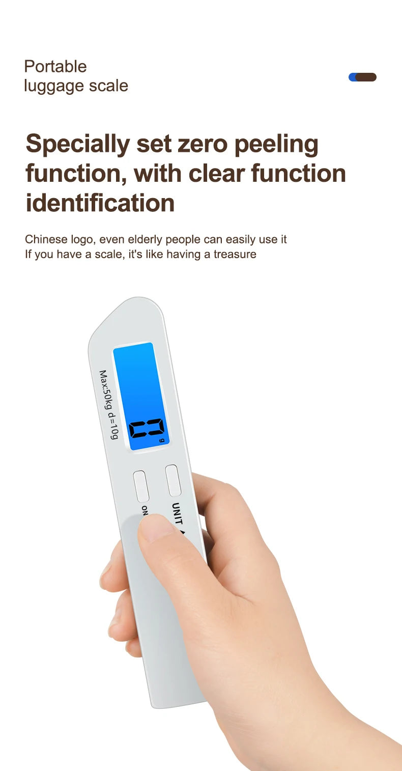 50kg/110lbs Portable Luggage Scale High Precision Blue Backlight Travel Digital Hanging Scales LCD Display Electronic Fishing