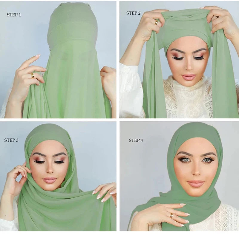 Instant Hijabs With Cap Plain Chiffon Jersey Hijabs For Woman Veil Muslim Islamic Hijab Cap Scarf For Women's Hijabs Headscarf