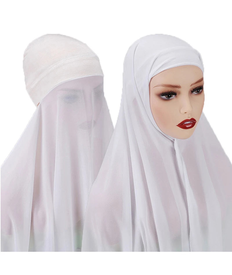 Instant Hijabs With Cap Plain Chiffon Jersey Hijabs For Woman Veil Muslim Islamic Hijab Cap Scarf For Women's Hijabs Headscarf