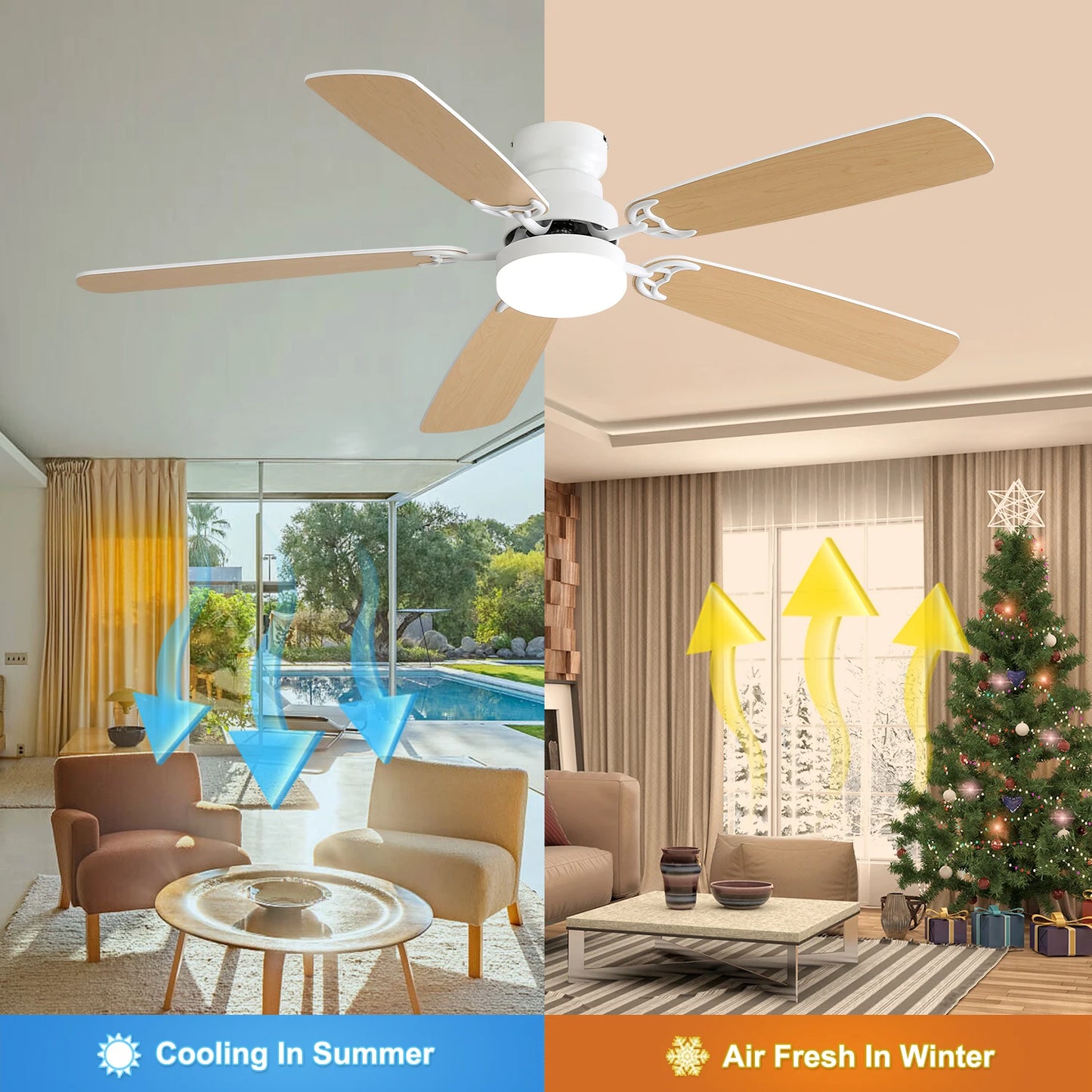 Indoor Modern 52 Inch Ceiling Fan with Dimmable 6 Speed Wind 5 Blades Remote Control Reversible DC Motor with Led Light