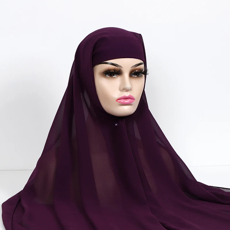 Instant Hijabs With Cap Plain Chiffon Jersey Hijabs For Woman Veil Muslim Islamic Hijab Cap Scarf For Women's Hijabs Headscarf